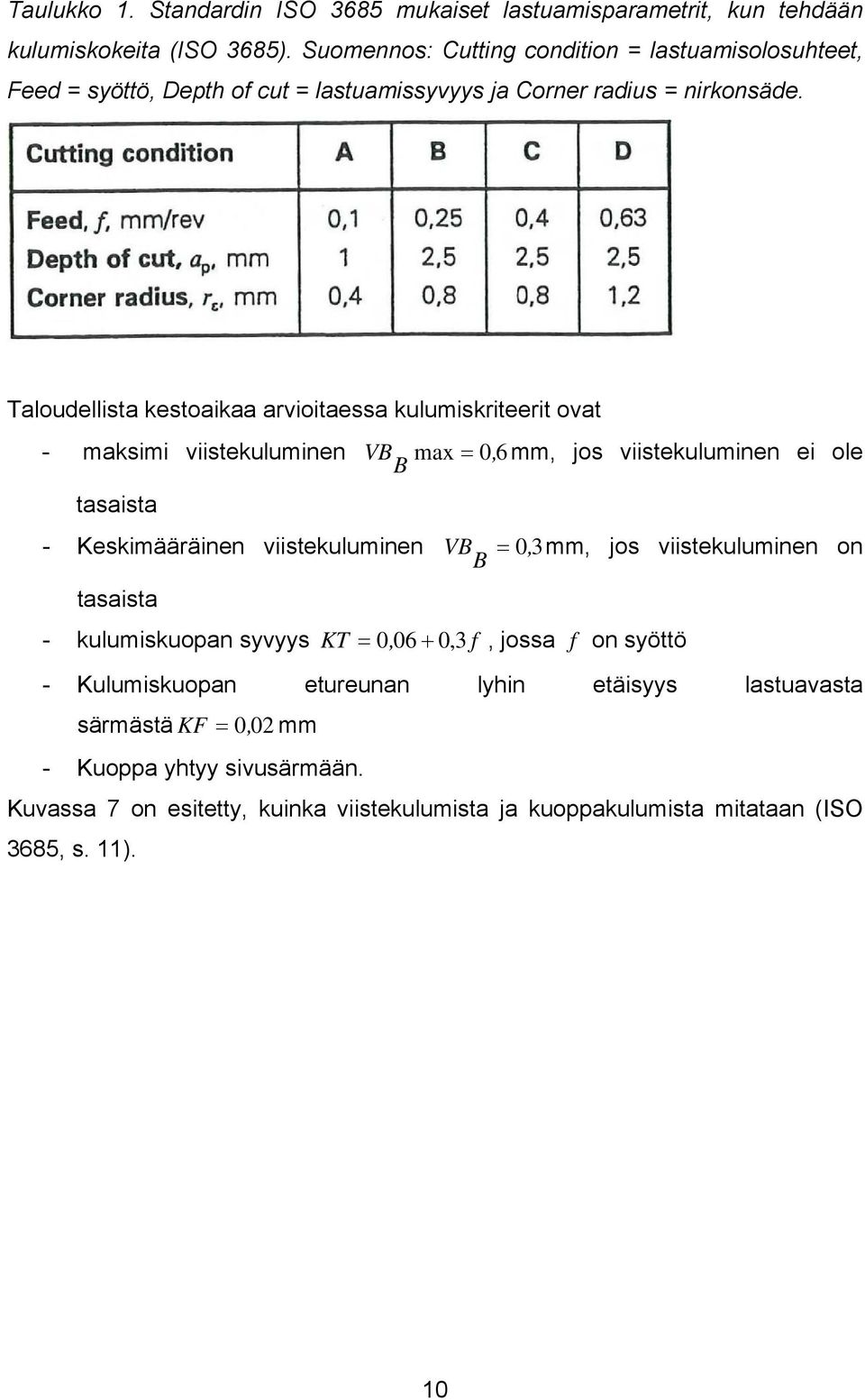 Taloudellista kestoaikaa arvioitaessa kulumiskriteerit ovat - maksimi viistekuluminen VB max = 0, 6 mm, jos viistekuluminen ei ole B tasaista - Keskimääräinen viistekuluminen VB