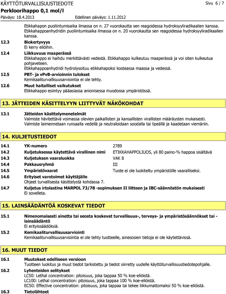 Etikkahappo kulkeutuu maaperässä ja voi siten kulkeutua pohjaveteen. Etikkahappoanhydridi hydrolysoituu etikkahapoksi kosteassa maassa ja vedessä. 12.