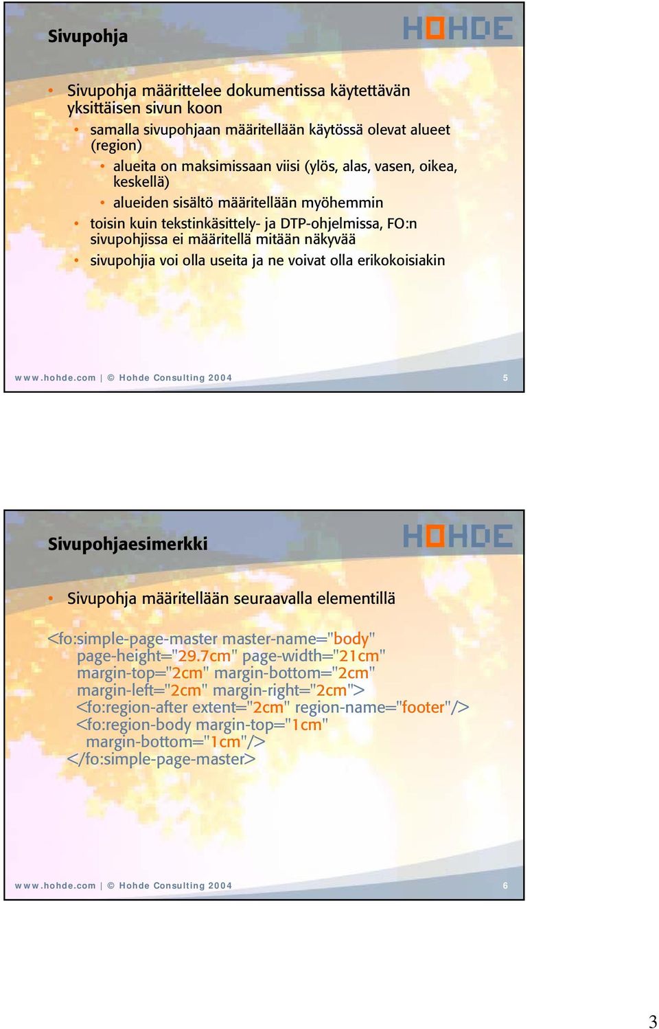 erikokoisiakin www.hohde.com Hohde Consulting 2004 5 Sivupohjaesimerkki Sivupohja määritellään seuraavalla elementillä <fo:simple-page-master master-name="body" page-height="29.