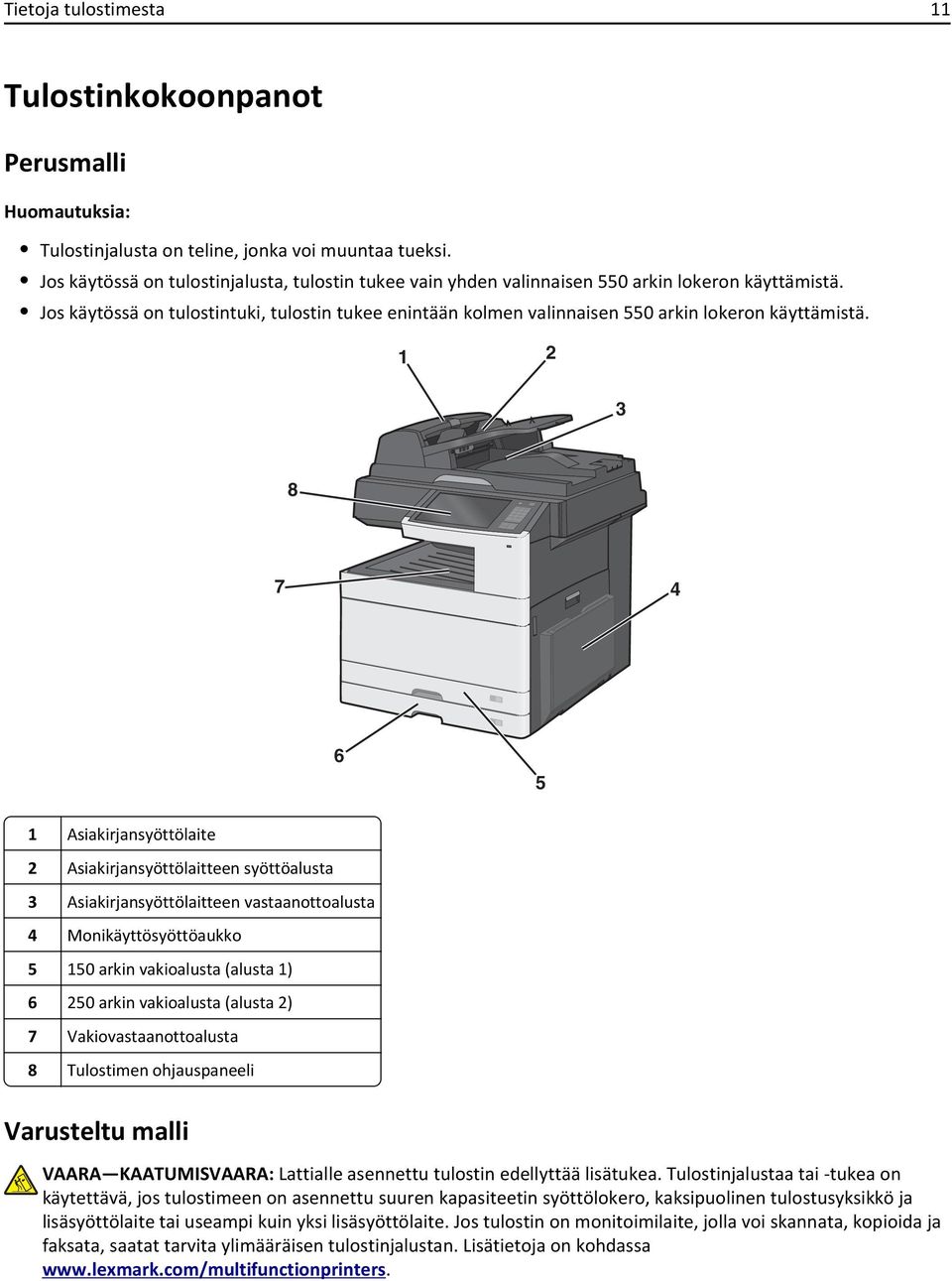 Jos käytössä on tulostintuki, tulostin tukee enintään kolmen valinnaisen 550 arkin lokeron käyttämistä.