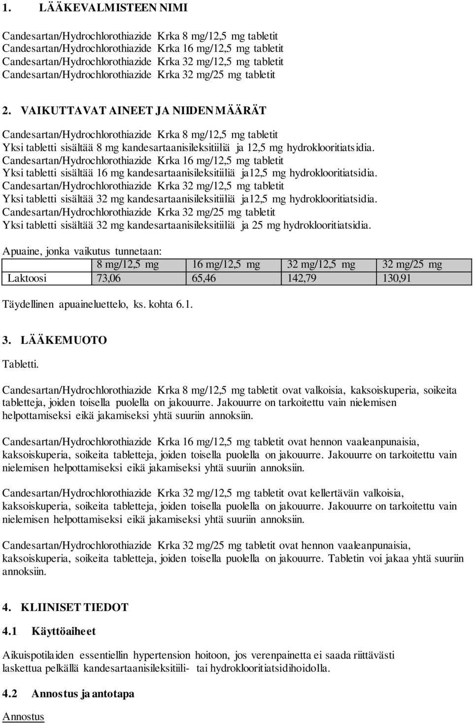 VAIKUTTAVAT AINEET JA NIIDEN MÄÄRÄT Candesartan/Hydrochlorothiazide Krka 8 mg/12,5 mg tabletit Yksi tabletti sisältää 8 mg kandesartaanisileksitiiliä ja 12,5 mg hydroklooritiatsidia.