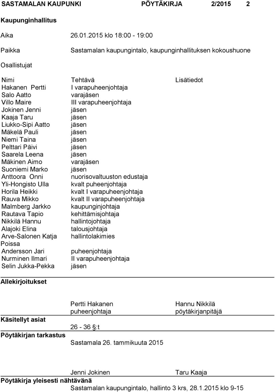 2015 klo 18:00-19:00 Paikka Sastamalan kaupungintalo, kaupunginhallituksen kokoushuone Osallistujat Nimi Tehtävä Lisätiedot Hakanen Pertti I varapuheenjohtaja Salo Aatto varajäsen Villo Maire III