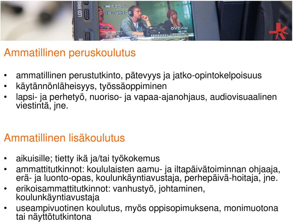 Ammatillinen lisäkoulutus aikuisille; tietty ikä ja/tai työkokemus ammattitutkinnot: koululaisten aamu- ja iltapäivätoiminnan ohjaaja, erä-