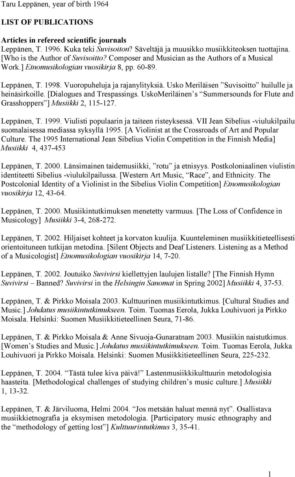 Usko Meriläisen Suvisoitto huilulle ja heinäsirkoille. [Dialogues and Trespassings. UskoMeriläinen s Summersounds for Flute and Grasshoppers ] Musiikki 2, 115-127. Leppänen, T. 1999.