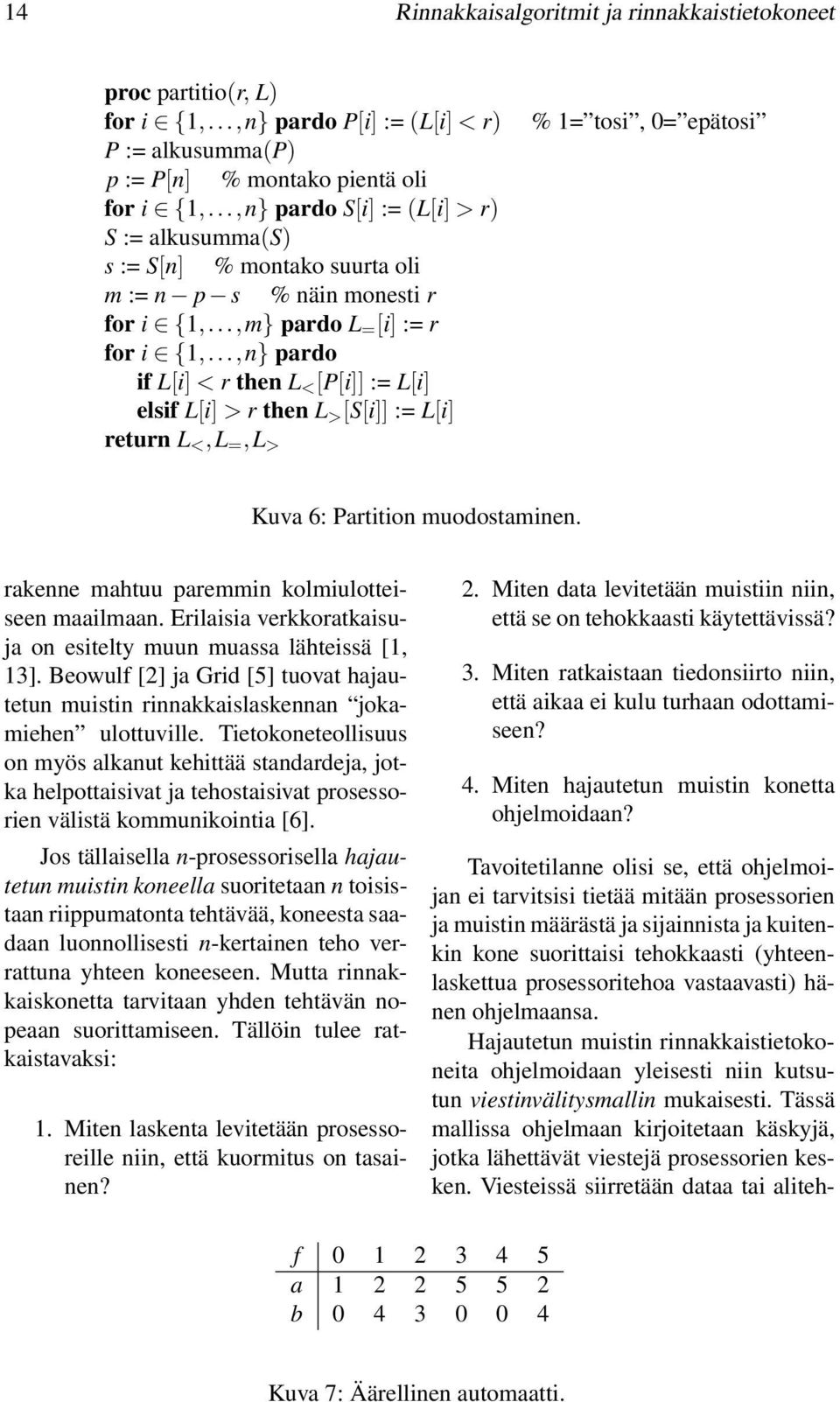 ..,n} pardo if L[i] < r then L < [P[i]] := L[i] elsif L[i] > r then L > [S[i]] := L[i] return L <,L =,L > % 1= tosi, 0= epätosi Kuva 6: Partition muodostaminen.