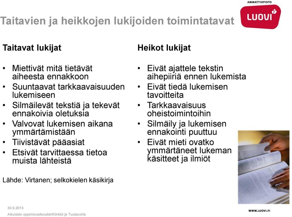 tarvittaessa tietoa muista lähteistä Heikot lukijat Eivät ajattele tekstin aihepiiriä ennen lukemista Eivät tiedä lukemisen tavoitteita