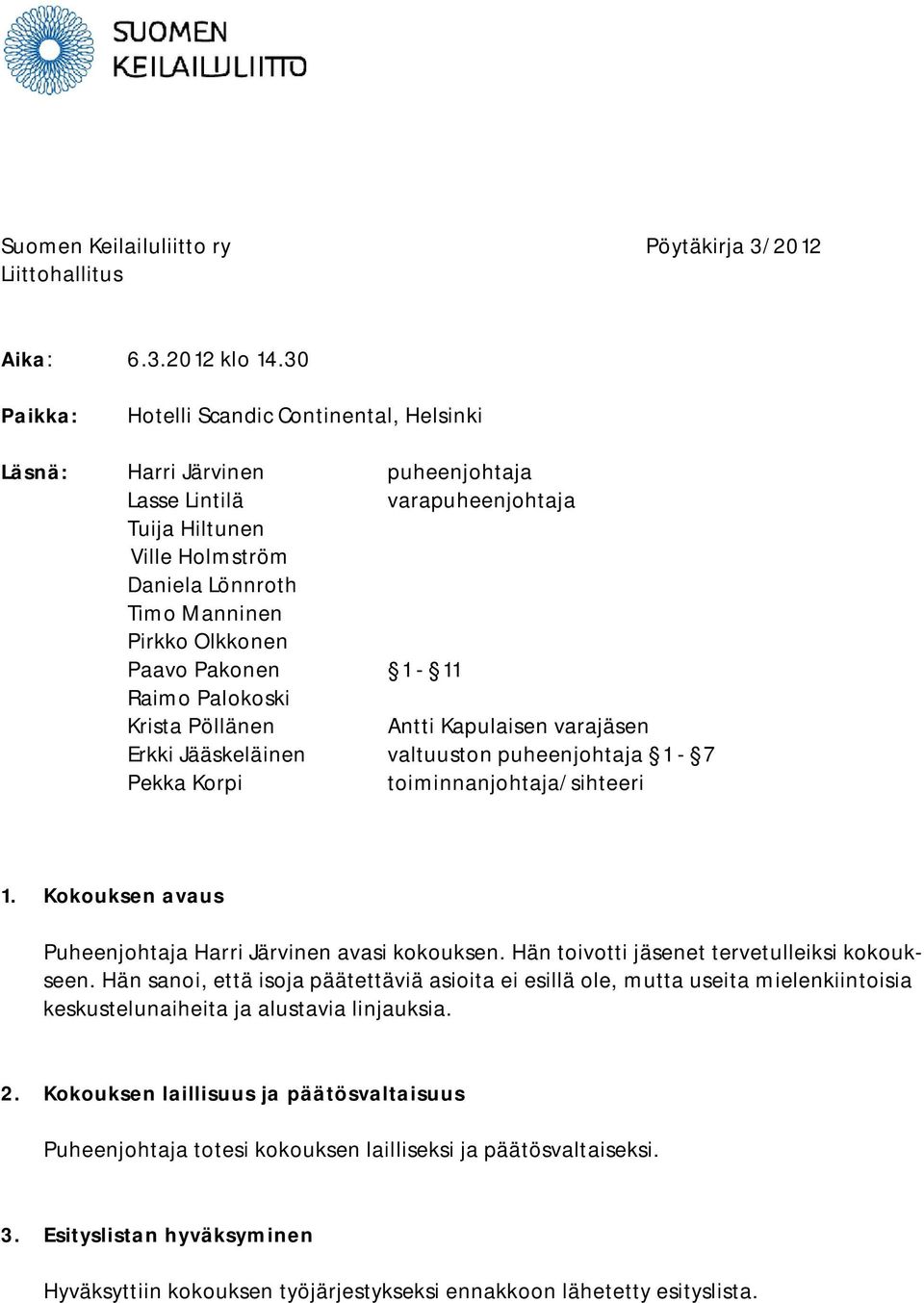 Paavo Pakonen 1-11 Raimo Palokoski Krista Pöllänen Antti Kapulaisen varajäsen Erkki Jääskeläinen valtuuston puheenjohtaja 1-7 Pekka Korpi toiminnanjohtaja/sihteeri 1.