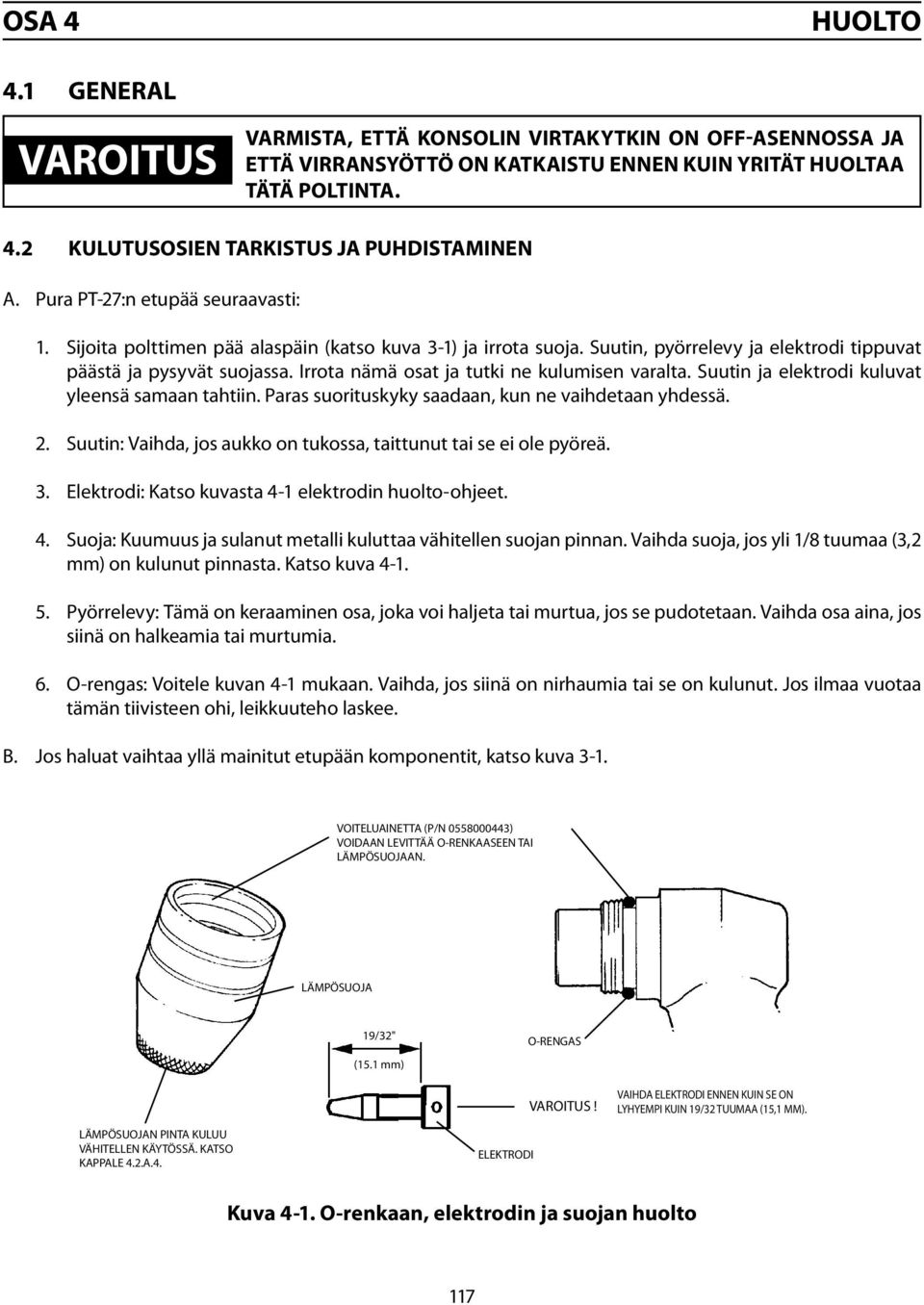 Irrota nämä osat ja tutki ne kulumisen varalta. Suutin ja elektrodi kuluvat yleensä samaan tahtiin. Paras suorituskyky saadaan, kun ne vaihdetaan yhdessä. 2.