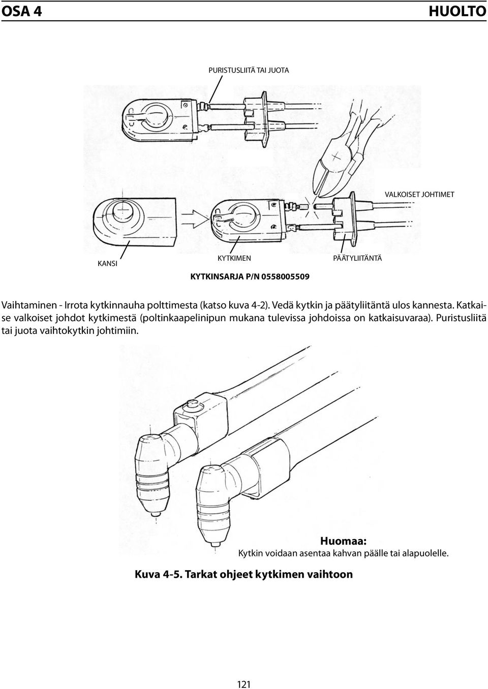 Katkaise valkoiset johdot kytkimestä (poltinkaapelinipun mukana tulevissa johdoissa on katkaisuvaraa).