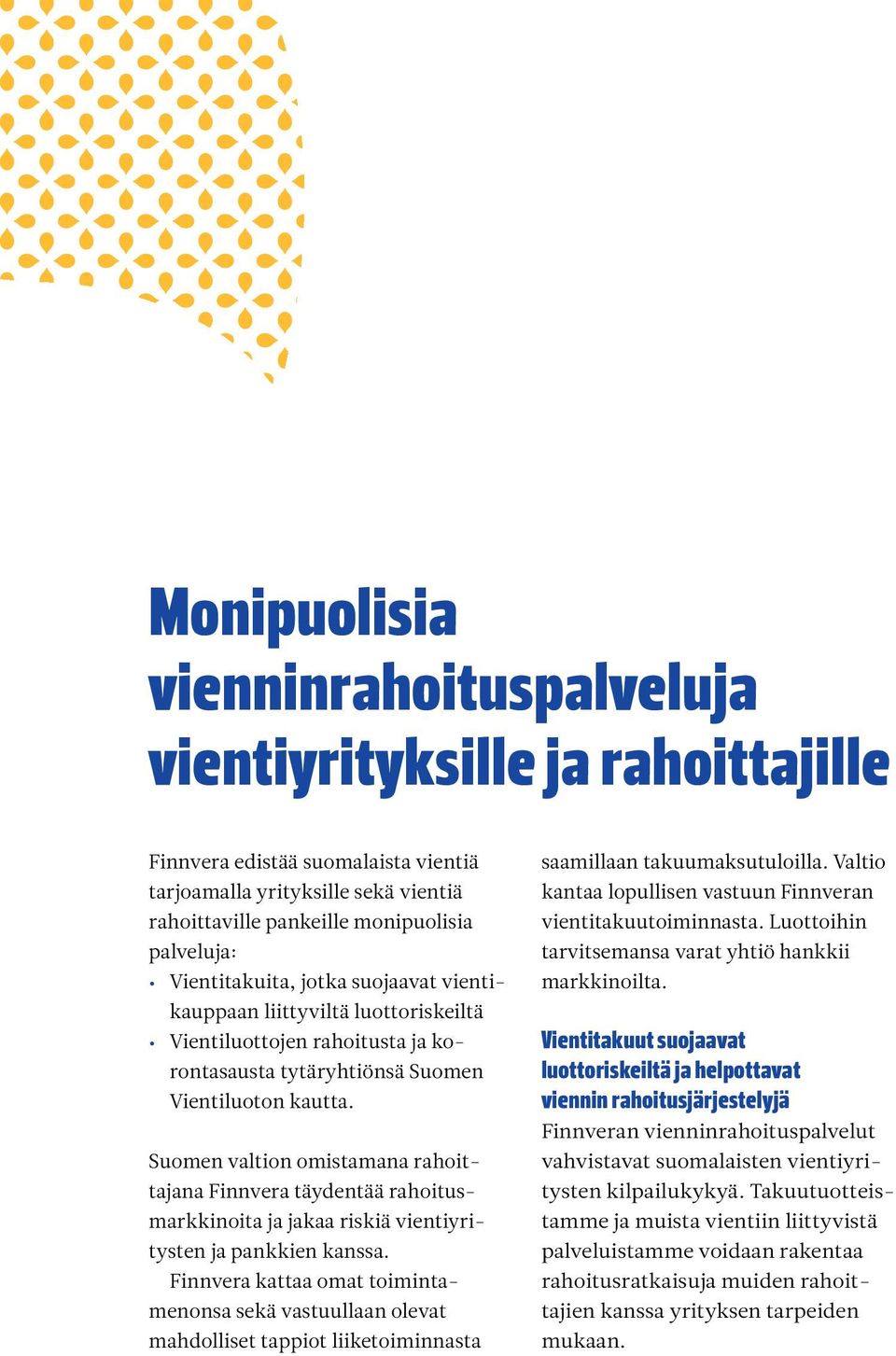 Suomen valtion omistamana rahoittajana Finnvera täydentää rahoitusmarkkinoita ja jakaa riskiä vientiyritysten ja pankkien kanssa.