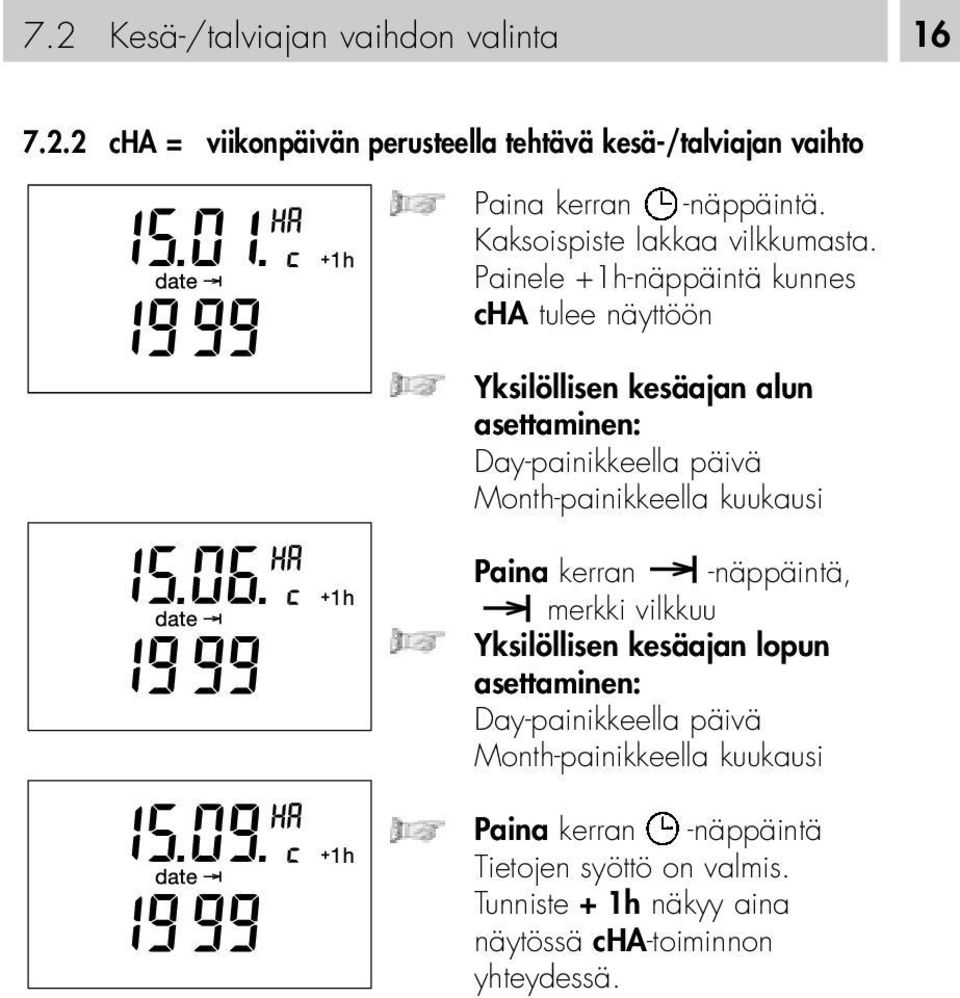 Painele +1h-näppäintä kunnes cha tulee näyttöön Yksilöllisen kesäajan alun asettaminen: Day-painikkeella päivä Month-painikkeella