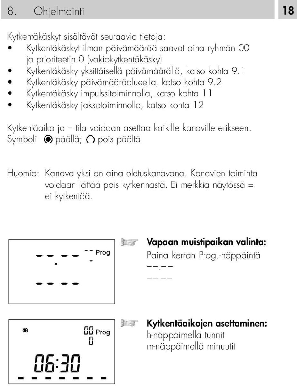 2 Kytkentäkäsky impulssitoiminnolla, katso kohta 11 Kytkentäkäsky jaksotoiminnolla, katso kohta 12 Kytkentäaika ja tila voidaan asettaa kaikille kanaville erikseen.
