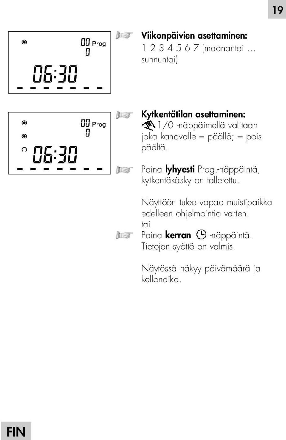 Paina lyhyesti Prog.-näppäintä, kytkentäkäsky on talletettu.