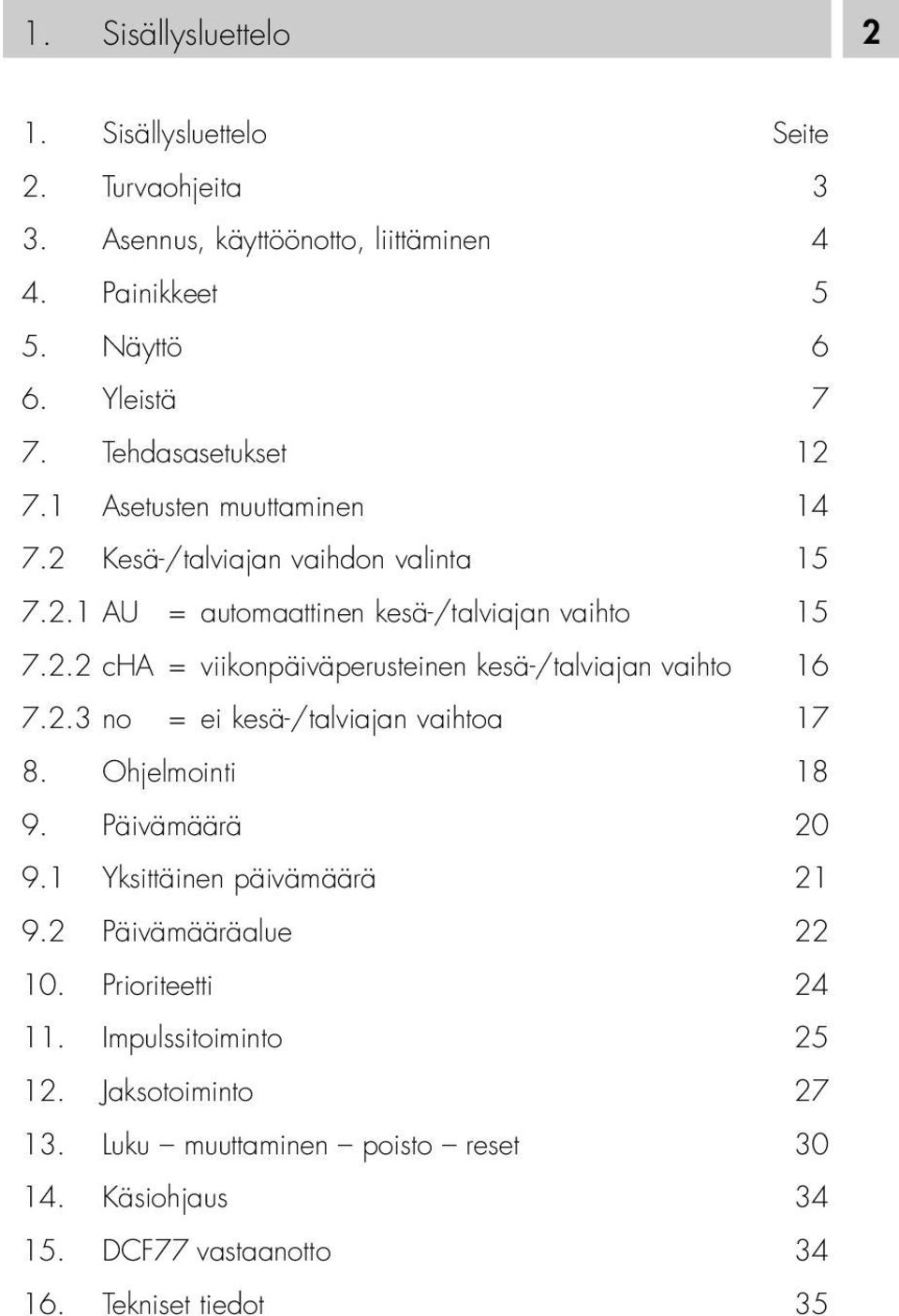 2.3 no = ei kesä-/talviajan vaihtoa 17 8. Ohjelmointi 18 9. Päivämäärä 20 9.1 Yksittäinen päivämäärä 21 9.2 Päivämääräalue 22 10. Prioriteetti 24 11.