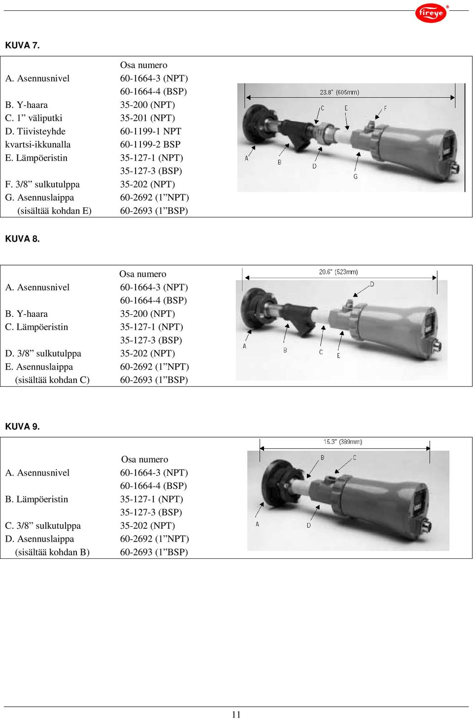 Asennusnivel 60-1664-3 (NPT) 60-1664-4 (BSP) B. Y-haara 35-200 (NPT) C. Lämpöeristin 35-127-1 (NPT) 35-127-3 (BSP) D. 3/8 sulkutulppa 35-202 (NPT) E.