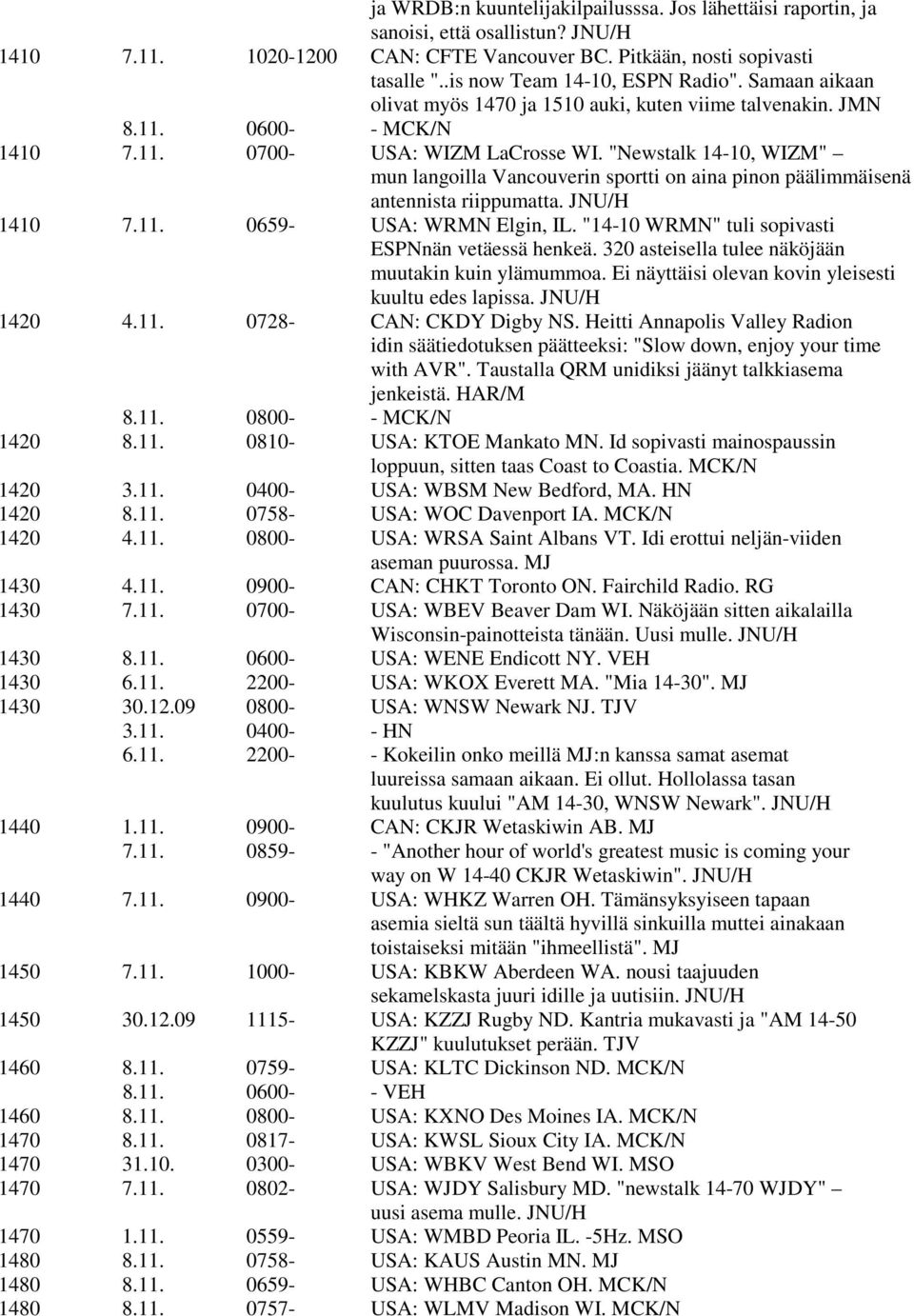 "Newstalk 14-10, WIZM" mun langoilla Vancouverin sportti on aina pinon päälimmäisenä antennista riippumatta. JNU/H 1410 7.11. 0659- USA: WRMN Elgin, IL.