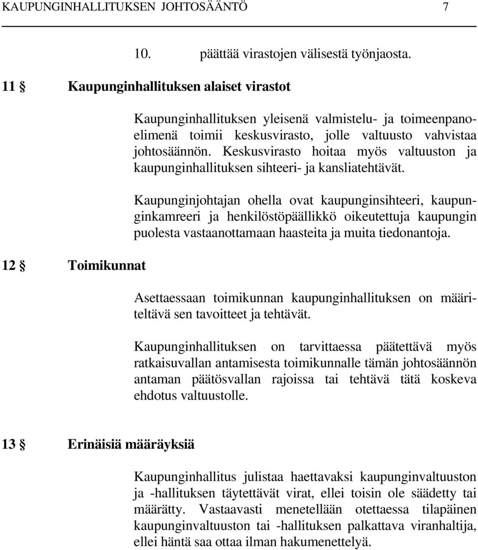 Keskusvirasto hoitaa myös valtuuston ja kaupunginhallituksen sihteeri- ja kansliatehtävät.