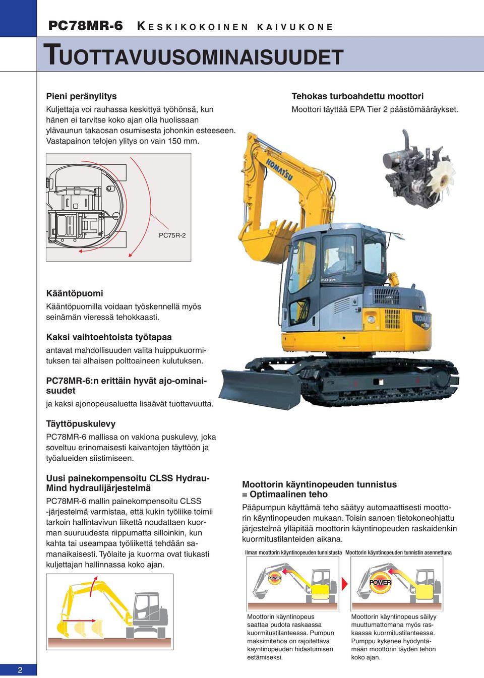 PC75R-2 Kääntöpuomi Kääntöpuomilla voidaan työskennellä myös seinämän vieressä tehokkaasti.