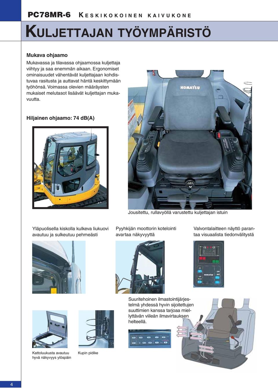 Hiljainen ohjaamo: 74 db(a) Jousitettu, rullavyöllä varustettu kuljettajan istuin Yläpuolisella kiskolla kulkeva liukuovi avautuu ja sulkeutuu pehmeästi Pyyhkijän moottorin kotelointi avartaa