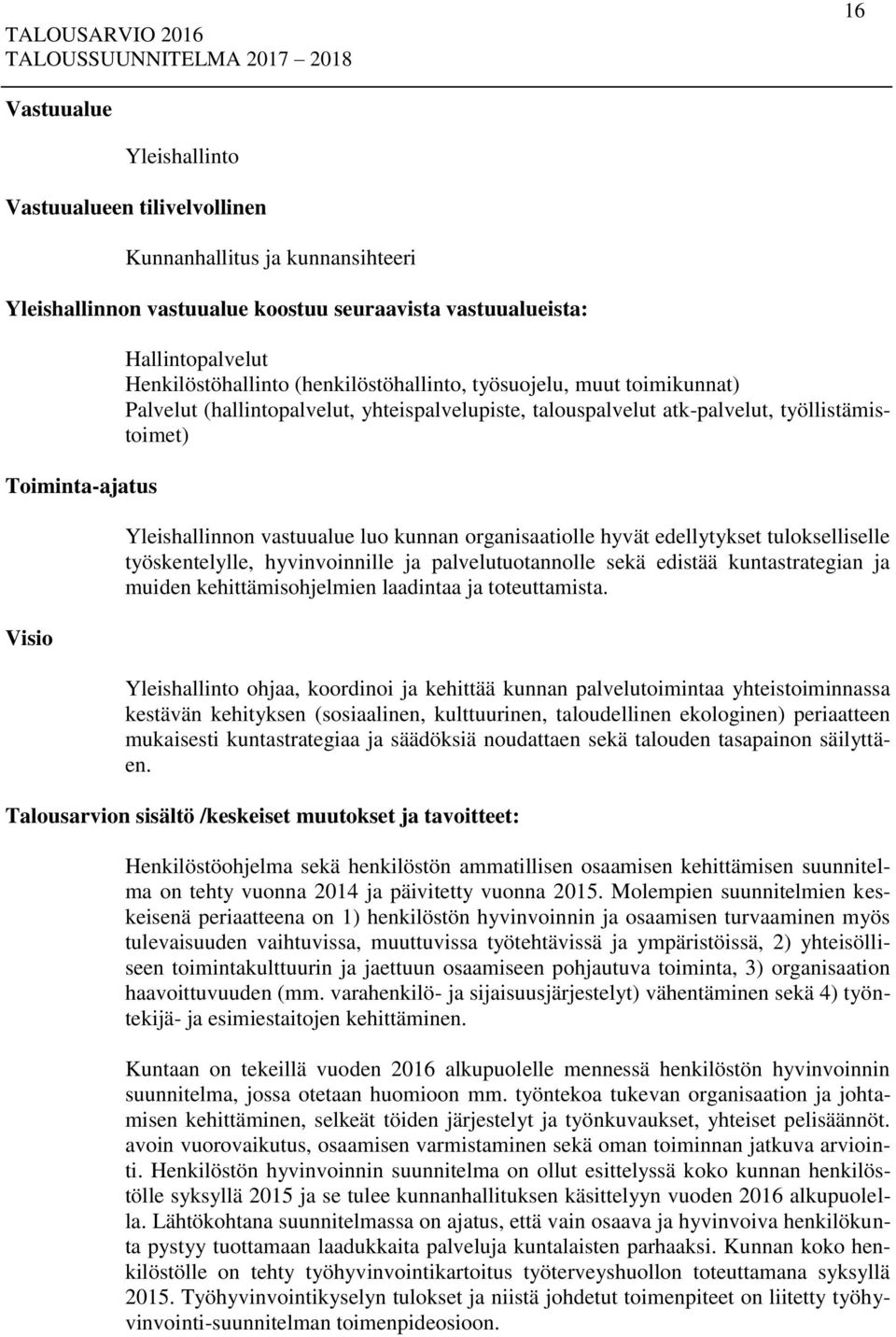 kunnan organisaatiolle hyvät edellytykset tulokselliselle työskentelylle, hyvinvoinnille ja palvelutuotannolle sekä edistää kuntastrategian ja muiden kehittämisohjelmien laadintaa ja toteuttamista.