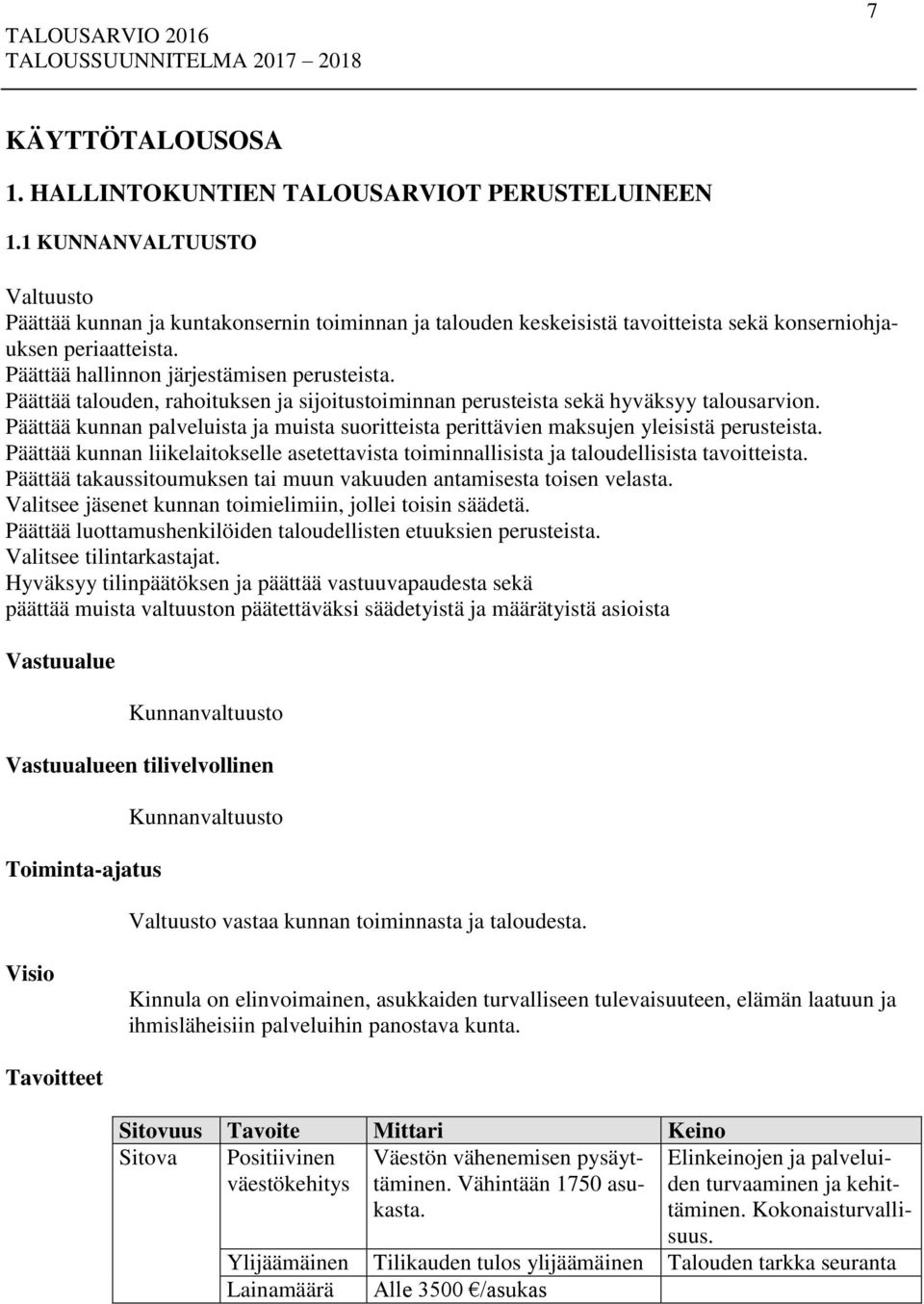 Päättää talouden, rahoituksen ja sijoitustoiminnan perusteista sekä hyväksyy talousarvion. Päättää kunnan palveluista ja muista suoritteista perittävien maksujen yleisistä perusteista.