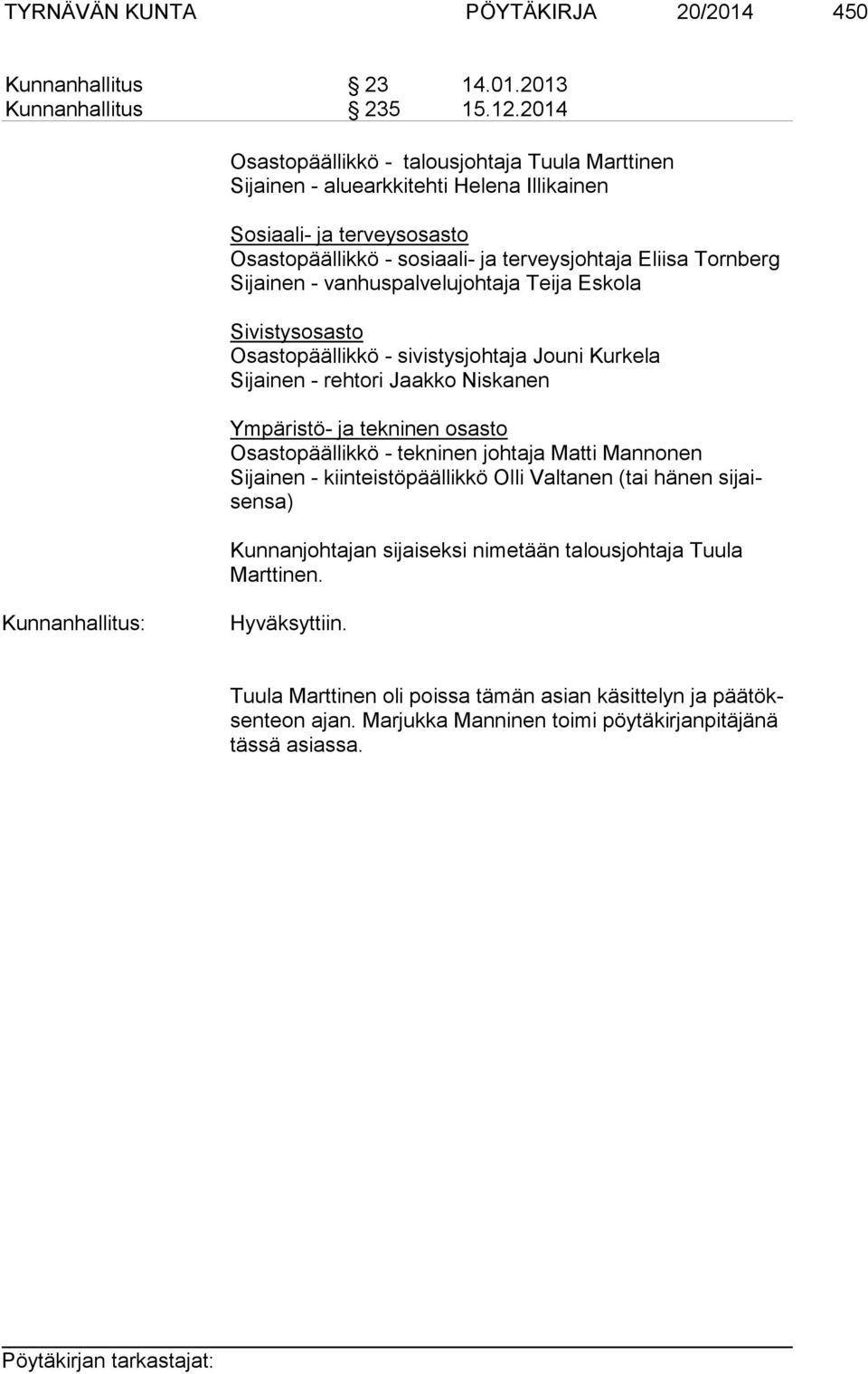 vanhuspalvelujohtaja Teija Eskola Sivistysosasto Osastopäällikkö - sivistysjohtaja Jouni Kurkela Sijainen - rehtori Jaakko Niskanen Ympäristö- ja tekninen osasto Osastopäällikkö - tekninen johtaja