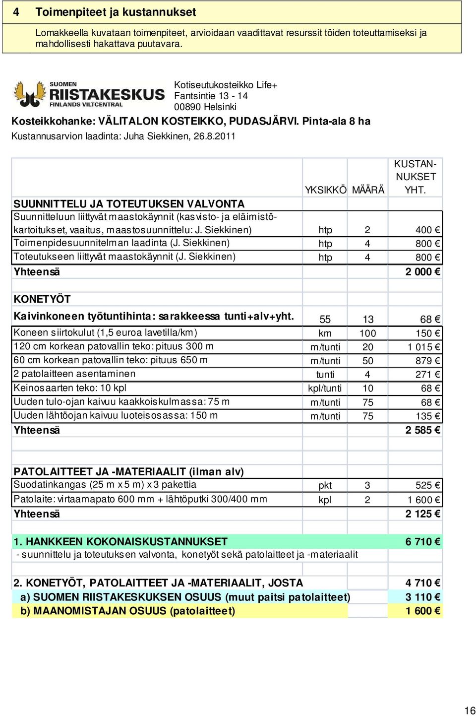 SUUNNITTELU JA TOTEUTUKSEN VALVONTA Suunnitteluun liittyvät m aastokäynnit (kas visto- ja eläim istökartoituks et, vaaitus, m aas tosuunnittelu: J.