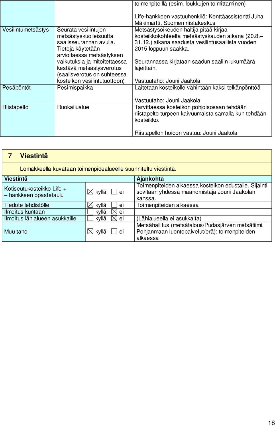 loukkujen toimittaminen) Life-hankkeen vastuuhenkilö: Kenttäassistentti Juha Mäkimartti, Suomen riistakeskus Metsästysoikeuden haltija pitää kirjaa kosteikkokohteelta metsästyskauden aikana (20.8. 31.