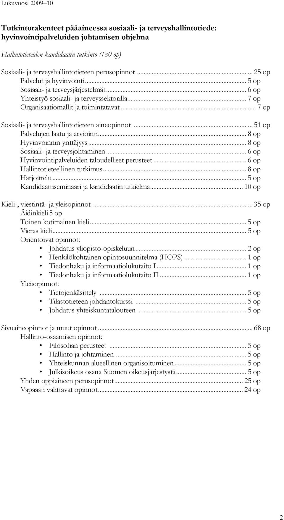 .. 7 op Sosiaali- ja terveyshallintotieteen aineopinnot... 51 op Palvelujen laatu ja arviointi... 8 op Hyvinvoinnin yrittäjyys... 8 op Sosiaali- ja terveysjohtaminen.