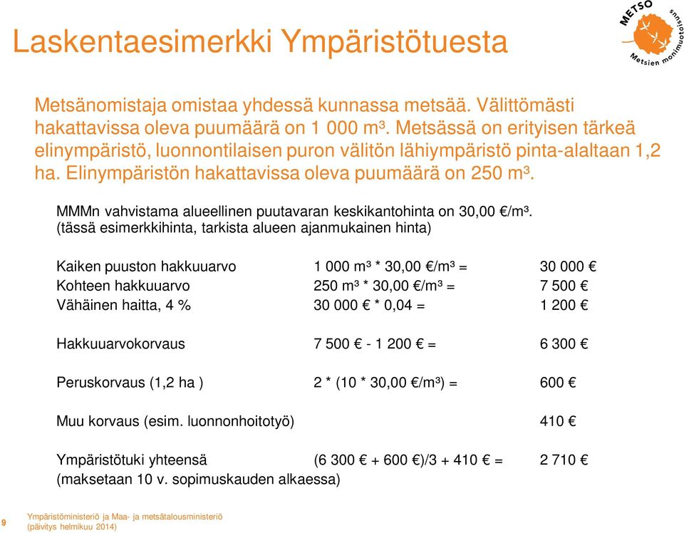 MMMn vahvistama alueellinen puutavaran keskikantohinta on 30,00 /m³.