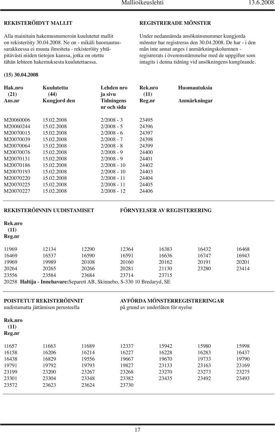 De har - i den sarakkeessa ei muuta ilmoiteta - rekisteröity yhtä- mån inte annat anges i anmärkningskolumnen - pitävästi niiden tietojen kanssa, jotka on otettu registrerats i överensstämmelse med