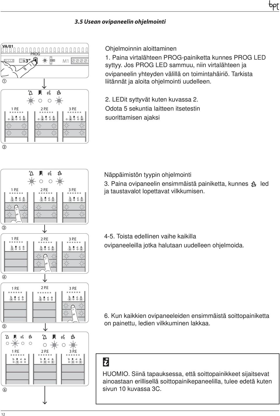 P.E P.E P.E -. Toista edellinen vaihe kaikilla ovipaneeleilla jotka halutaan uudelleen ohjelmoida. P.E P.E P.E. Kun kaikkien ovipaneeleiden ensimmäistä soittopainiketta on painettu, ledien vilkkuminen lakkaa.