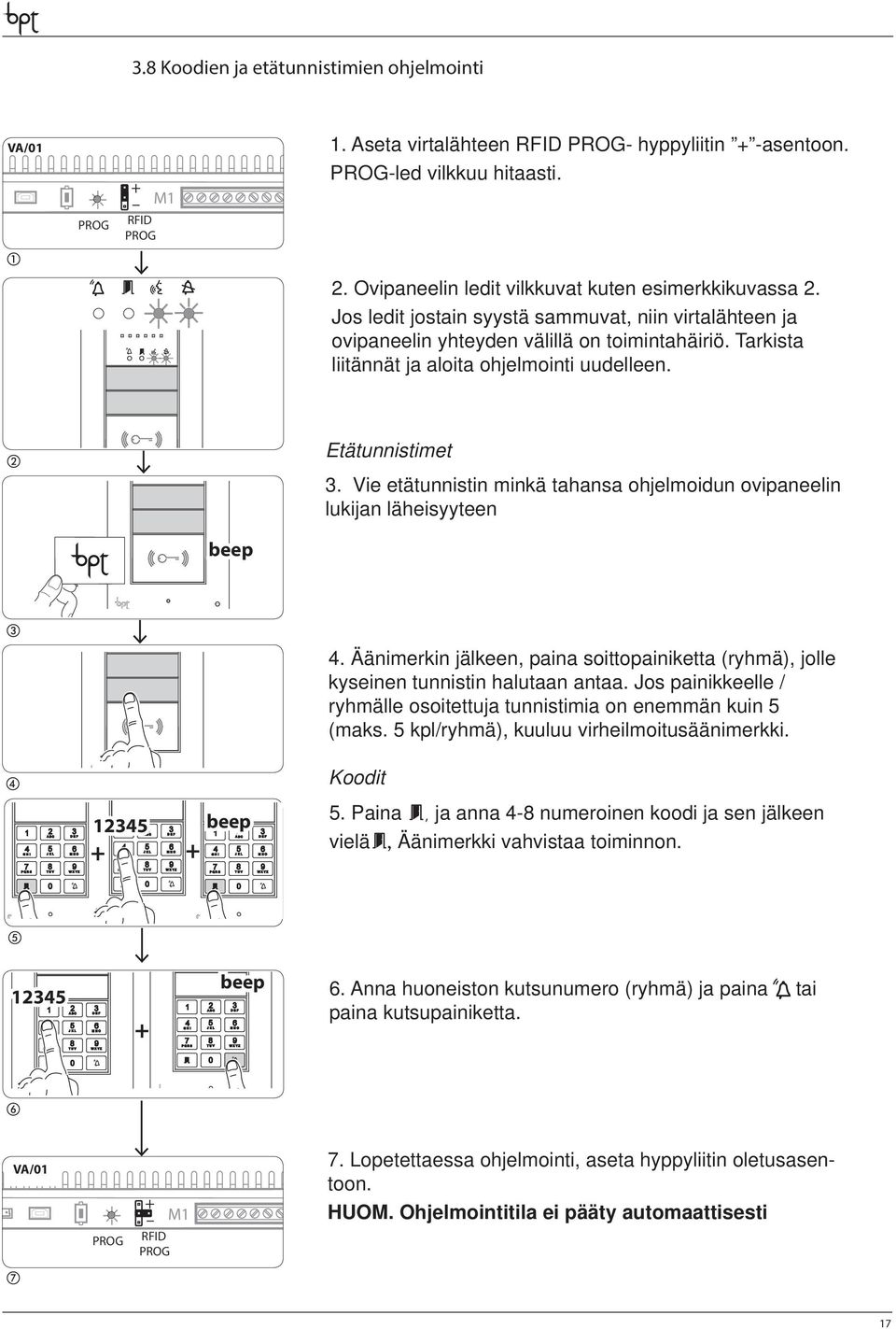 Vie etätunnistin minkä tahansa ohjelmoidun ovipaneelin lukijan läheisyyteen. Äänimerkin jälkeen, paina soittopainiketta (ryhmä), jolle kyseinen tunnistin halutaan antaa.