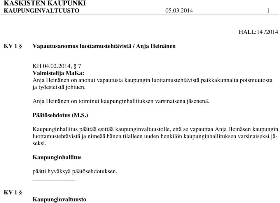 Anja Heinänen on toiminut kaupunginhallituksen varsinaisena jäsenenä. Päätösehdotus (M.S.