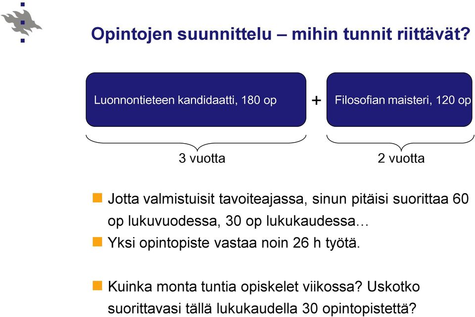 valmistuisit tavoiteajassa, sinun pitäisi suorittaa 60 op lukuvuodessa, 30 op lukukaudessa