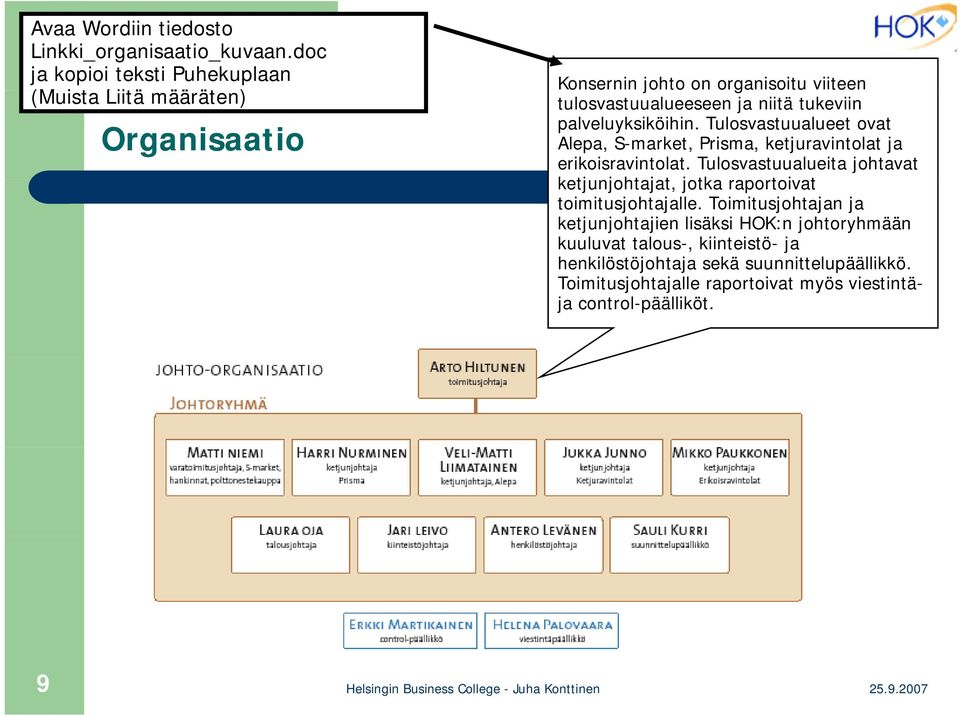 tukeviin palveluyksiköihin. Tulosvastuualueet ovat Alepa, S-market, Prisma, ketjuravintolat ja erikoisravintolat.