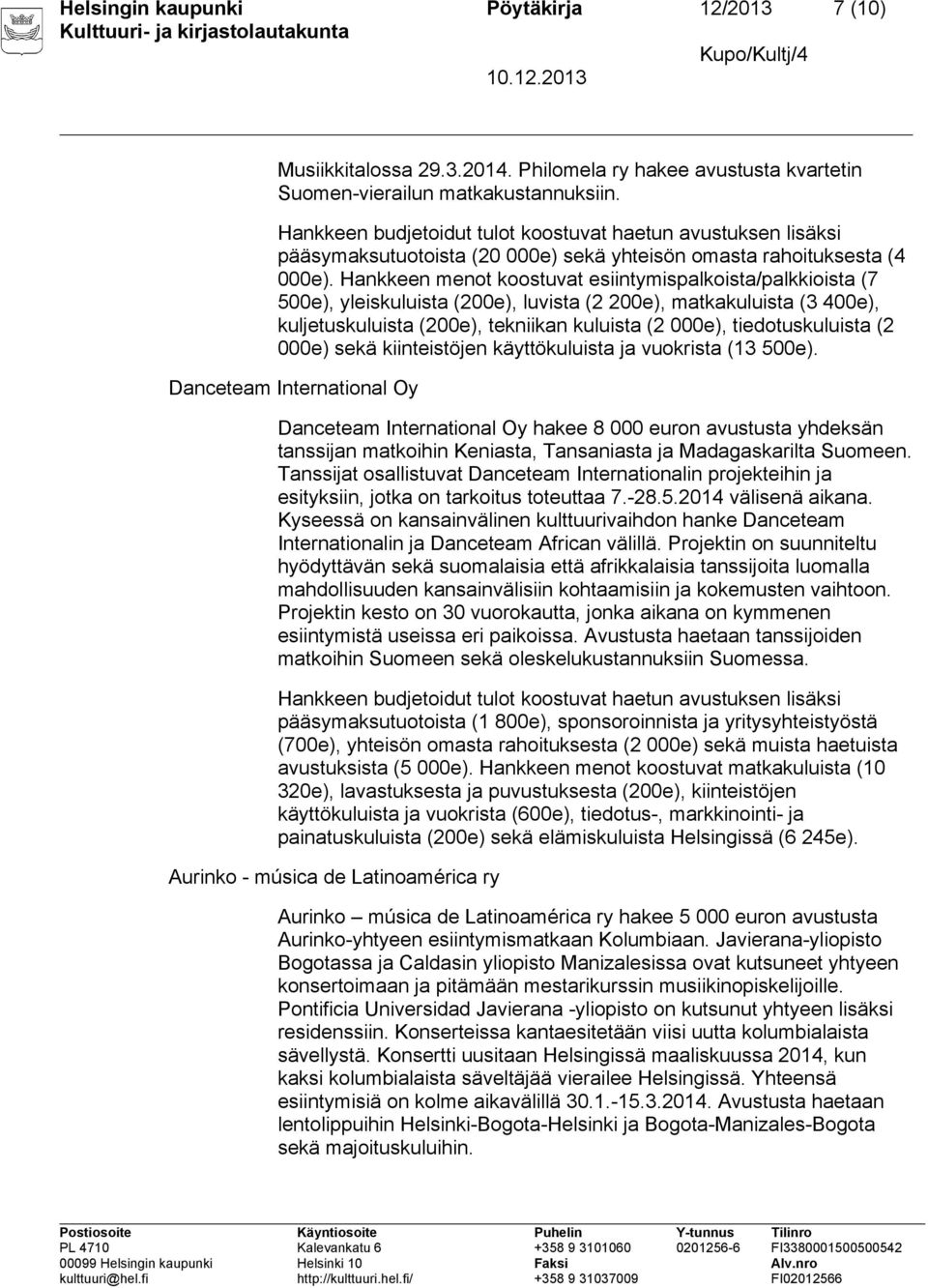 Hankkeen menot koostuvat esiintymispalkoista/palkkioista (7 500e), yleiskuluista (200e), luvista (2 200e), matkakuluista (3 400e), kuljetuskuluista (200e), tekniikan kuluista (2 000e),