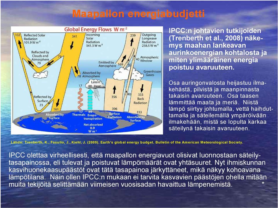 Niistä lämpö siirtyy johtumalla, vettä haihduttamalla ja säteilemällä ympäröivään ilmakehään, mistä se lopulta karkaa säteilynä takaisin avaruuteen. Lähde: Trenberth, K., Fasullo, J., Kiehl, J.