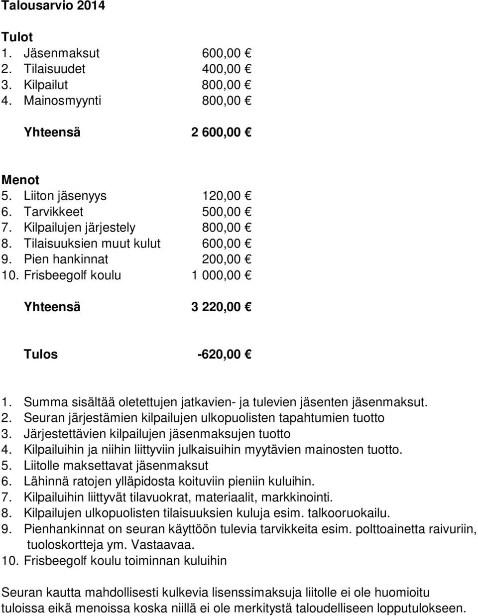 Summa sisältää oletettujen jatkavien- ja tulevien jäsenten jäsenmaksut. 2. Seuran järjestämien kilpailujen ulkopuolisten tapahtumien tuotto 3. Järjestettävien kilpailujen jäsenmaksujen tuotto 4.