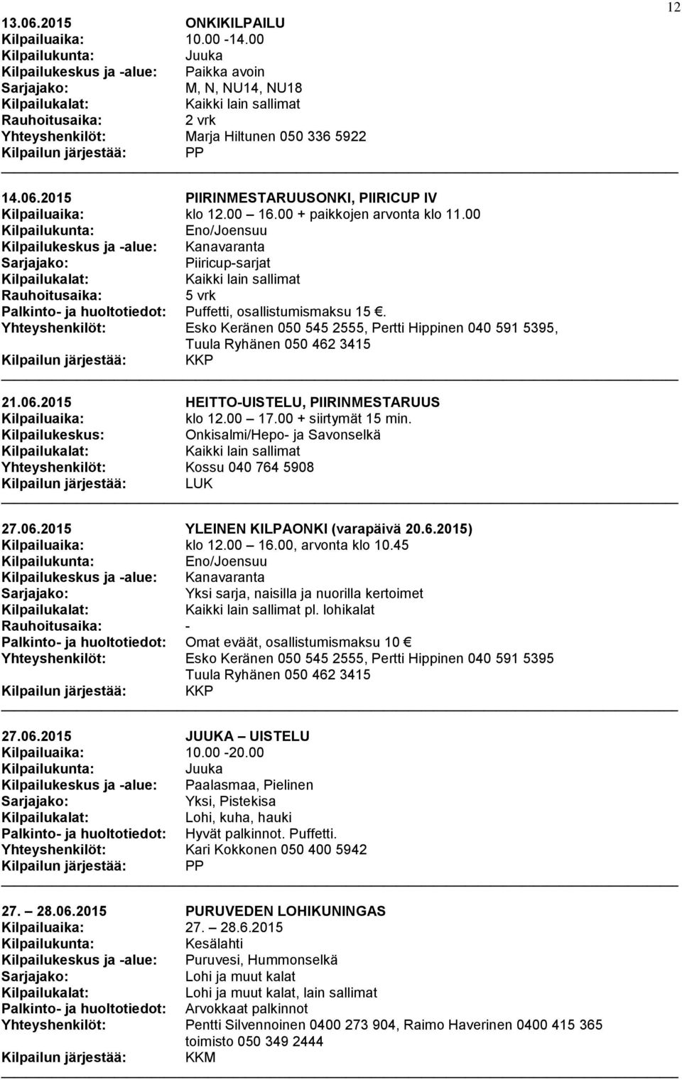 Yhteyshenkilöt: Esko Keränen 050 545 2555, Pertti Hippinen 040 591 5395, 21.06.2015 HEITTO-UISTELU, PIIRINMESTARUUS klo 12.00 17.00 + siirtymät 15 min.