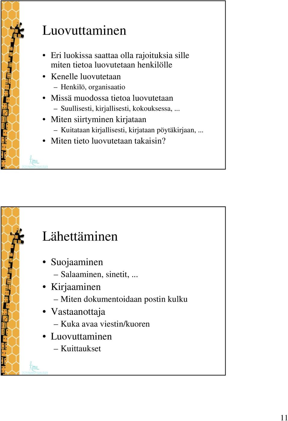 .. Miten siirtyminen kirjataan Kuitataan kirjallisesti, kirjataan pöytäkirjaan,... Miten tieto luovutetaan takaisin?