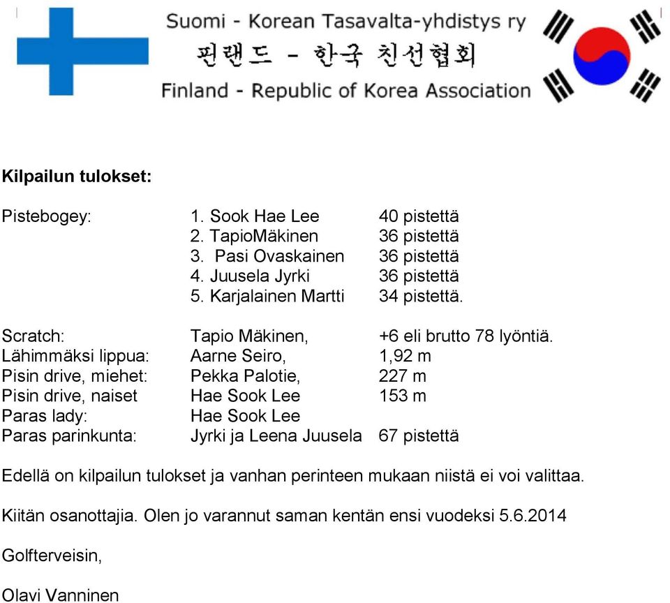 Lähimmäksi lippua: Aarne Seiro, 1,92 m Pisin drive, miehet: Pekka Palotie, 227 m Pisin drive, naiset Hae Sook Lee 153 m Paras lady: Hae Sook Lee Paras