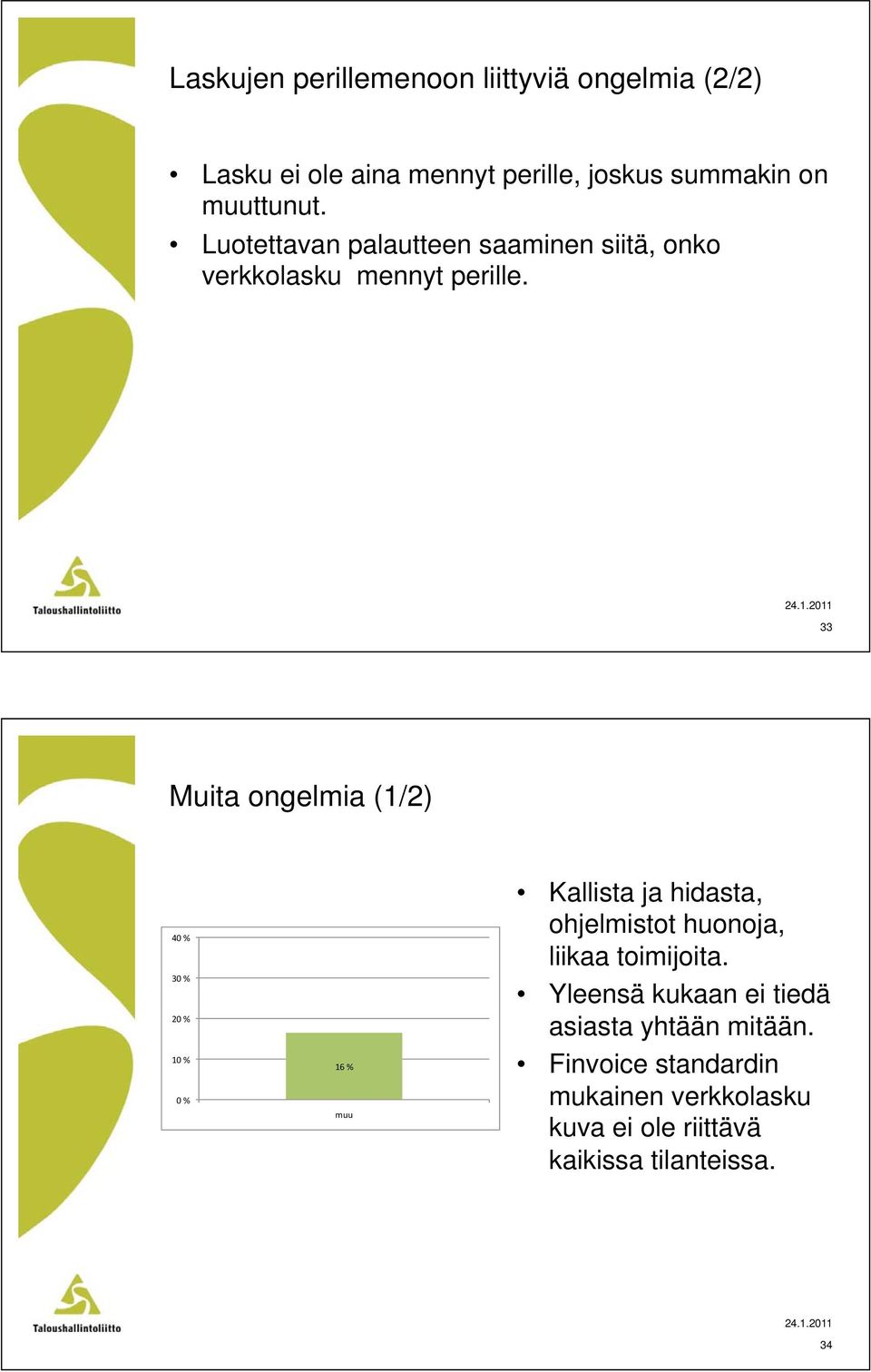 33 Muita ongelmia (1/2) Kallista ja hidasta, ohjelmistot huonoja, liikaa toimijoita.