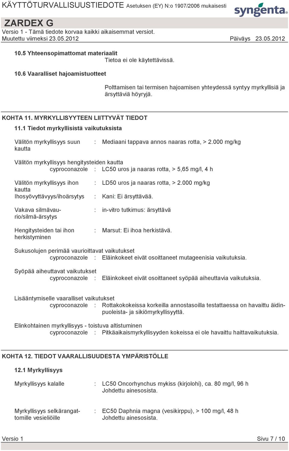 000 mg/kg Välitön myrkyllisyys hengitysteiden kautta cyproconazole : LC50 uros ja naaras rotta, > 5,65 mg/l, 4 h Välitön myrkyllisyys ihon kautta Ihosyövyttävyys/ihoärsytys Vakava