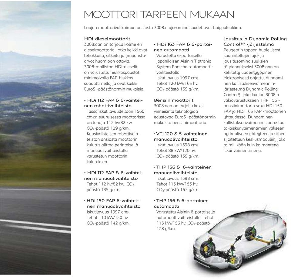 3008-malliston HDi-dieselit on varustettu hiukkaspäästöt minimoivalla FAP-hiukkassuodattimella, ja ovat kaikki Euro5 -päästönormin mukaisia.