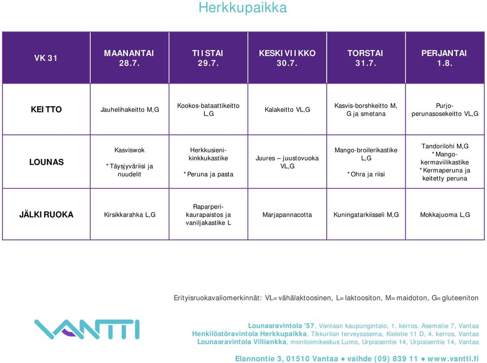 Jauhelihakeitto Kookos-bataattikeitto Kalakeitto V Kasvis-borshkeitto M, G ja smetana Purjoperunasosekeitto