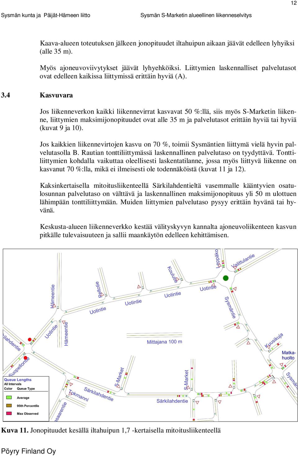 Jos liikenneverkon kaikki liikennevirrat kasvavat 50 %:llä, siis myös S-Marketin liikenne, liittymien maksimijonopituudet ovat alle 35 m ja palvelutasot erittäin hyviä tai hyviä (kuvat 9 ja 10).