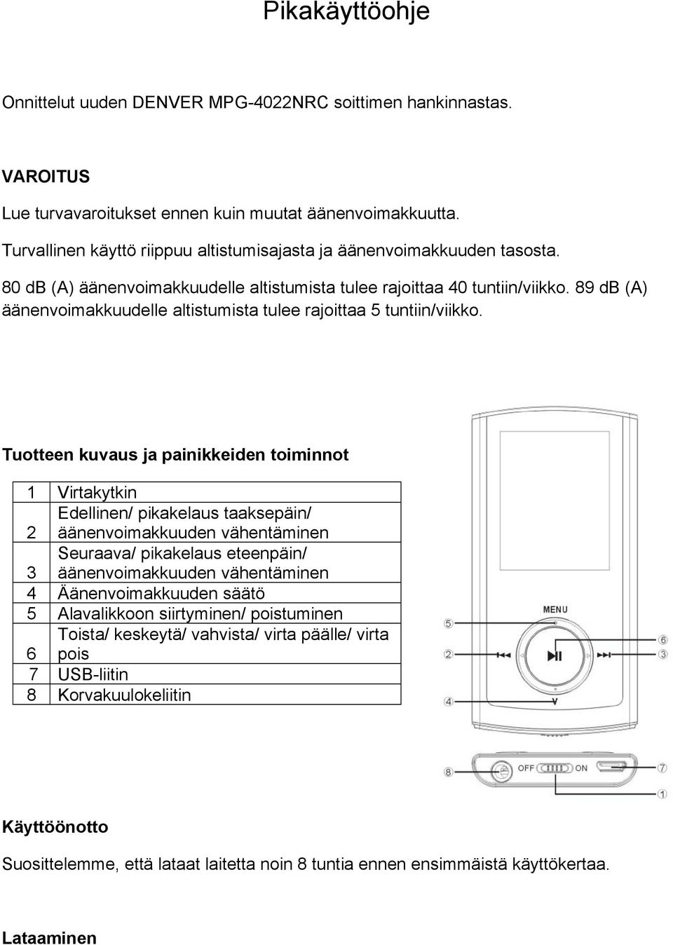 89 db (A) äänenvoimakkuudelle altistumista tulee rajoittaa 5 tuntiin/viikko.