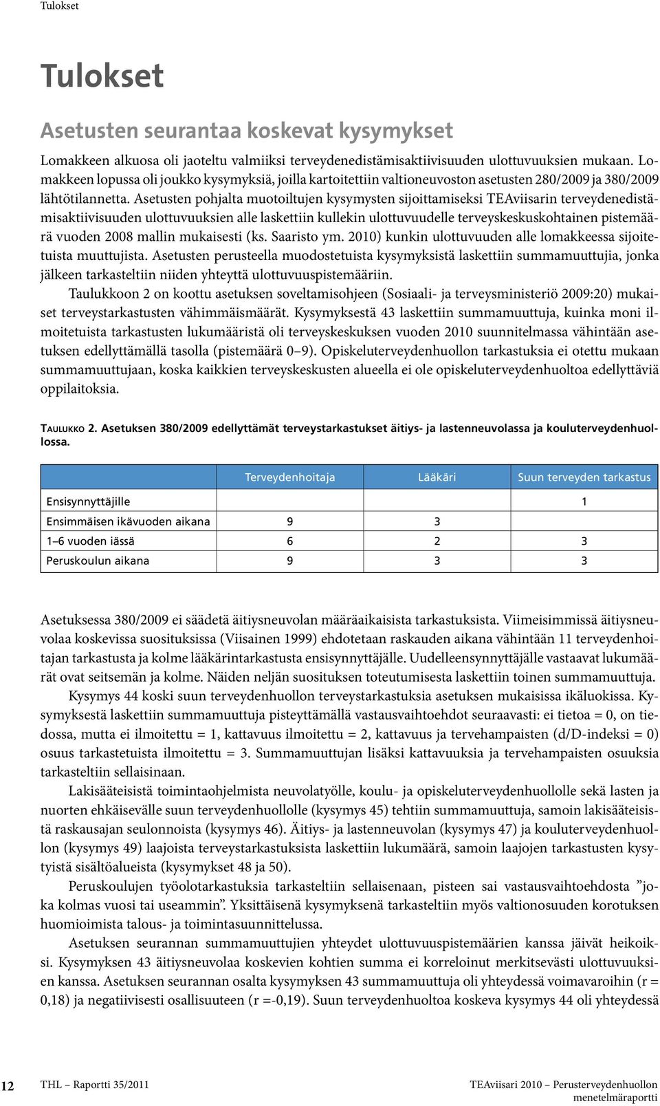 Asetusten pohjalta muotoiltujen kysymysten sijoittamiseksi TEAviisarin terveydenedistämisaktiivisuuden ulottuvuuksien alle laskettiin kullekin ulottuvuudelle terveyskeskuskohtainen pistemäärä vuoden
