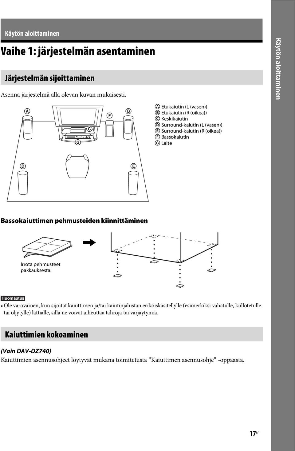 D E Bassokaiuttimen pehmusteiden kiinnittäminen, Irrota pehmusteet pakkauksesta.